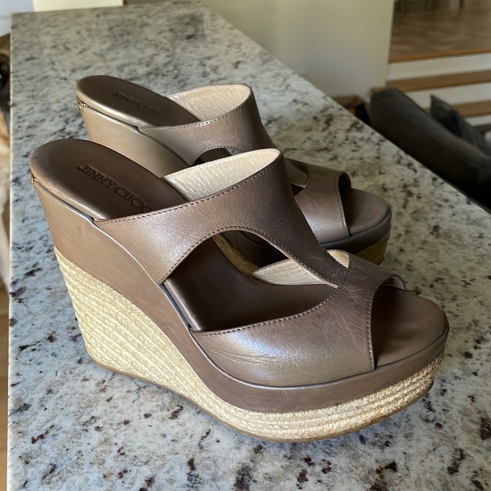 Jimmy Choo Vachette Leather Pebble Wedge Sandals Size 38 - Picture 9 of 15